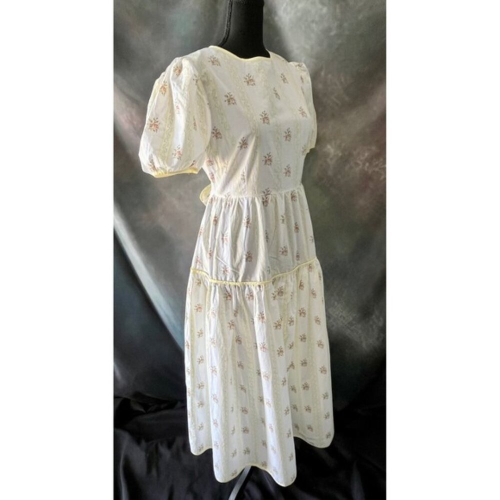 Glamorous Womens Floral Midi Dress Puff Sleeve Open Back Tie Yellow Trim - Picture 3 of 8